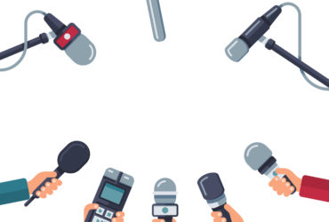 Hands holding microphones, press conference vector. Concept media press, reporter with dictaphone illustration